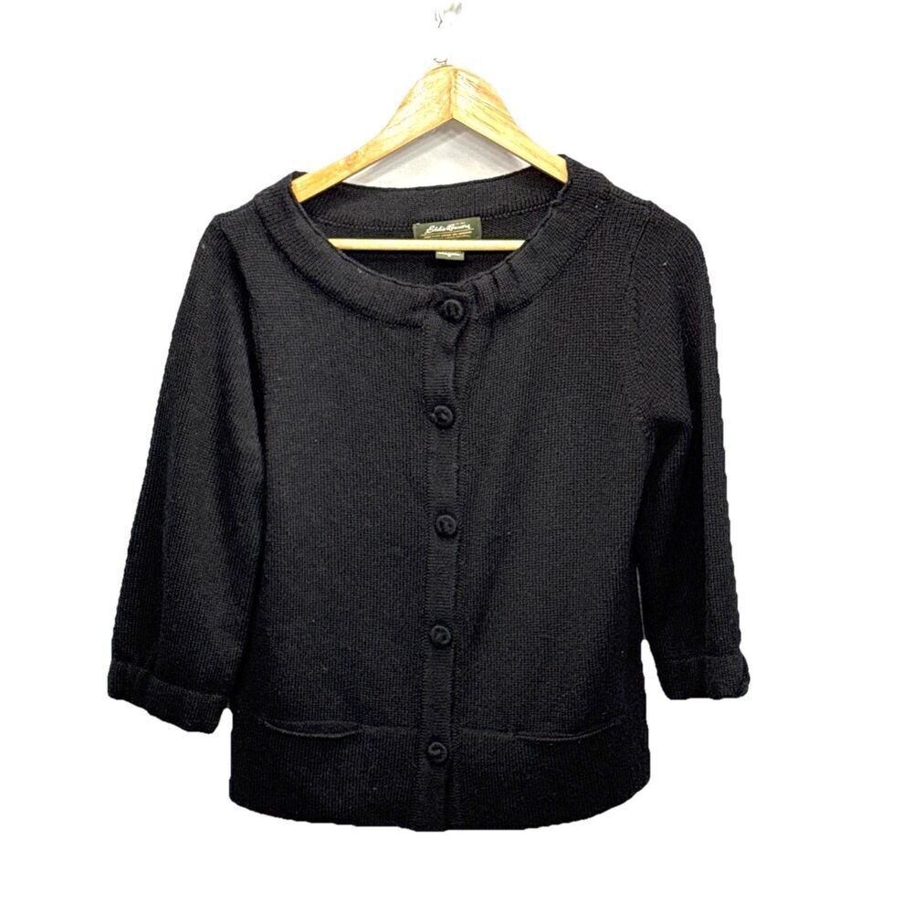 Eddie Bauer Womens  Merino Wool Blend Black Button Up Sweater Pockets M USA